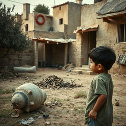 A heart-wrenching scene depicting the phrase "airmata perang", with a child observing the aftermath of a tragic event in a Palestinian neighborhood