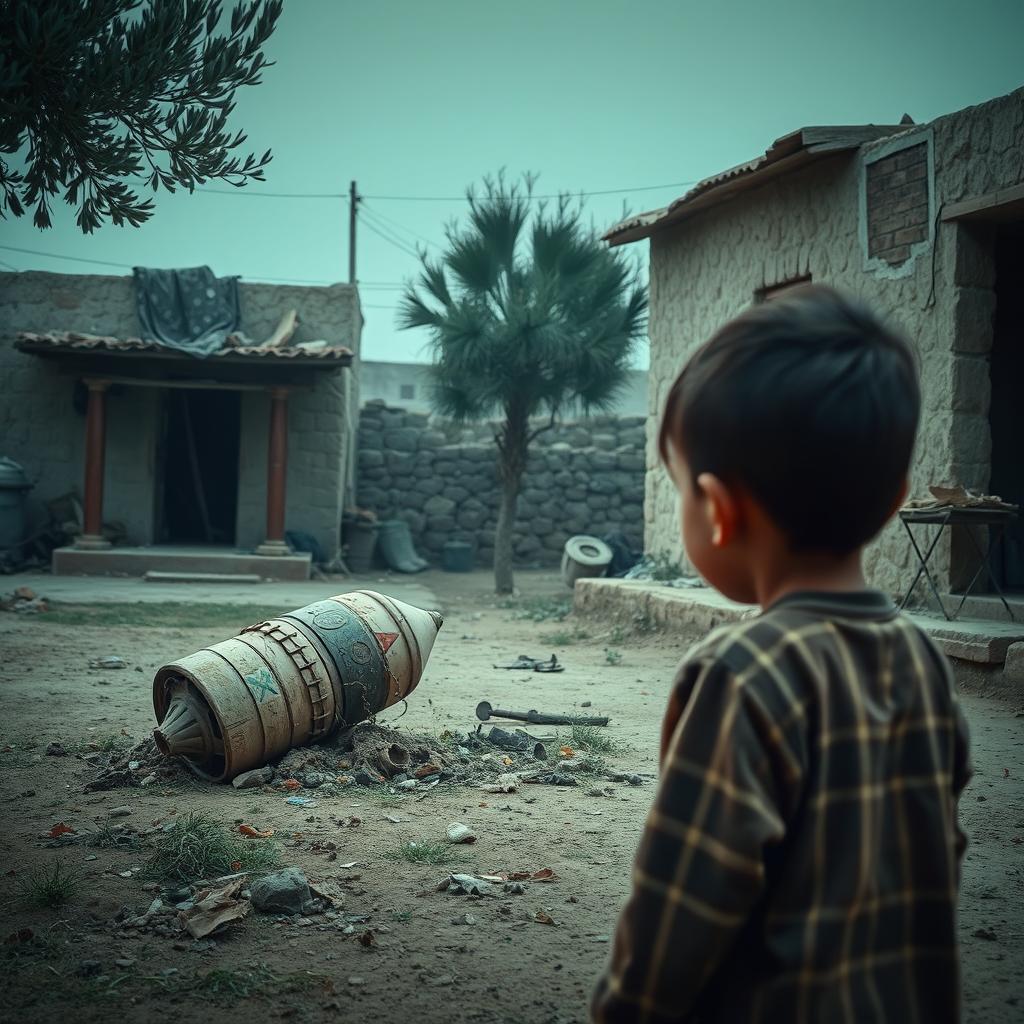 A heart-wrenching scene depicting the phrase "airmata perang", with a child observing the aftermath of a tragic event in a Palestinian neighborhood