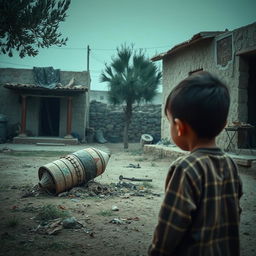 A heart-wrenching scene depicting the phrase "airmata perang", with a child observing the aftermath of a tragic event in a Palestinian neighborhood