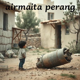 A heart-wrenching scene depicting the phrase "airmata perang", with a child observing the aftermath of a tragic event in a Palestinian neighborhood
