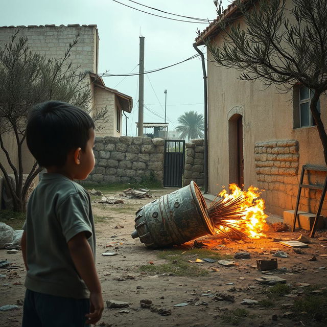 A heart-wrenching scene depicting the phrase "airmata perang", with a child observing the aftermath of a tragic event in a Palestinian neighborhood