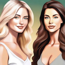 A high-quality digital art piece showcasing two women, one blonde and one brunette