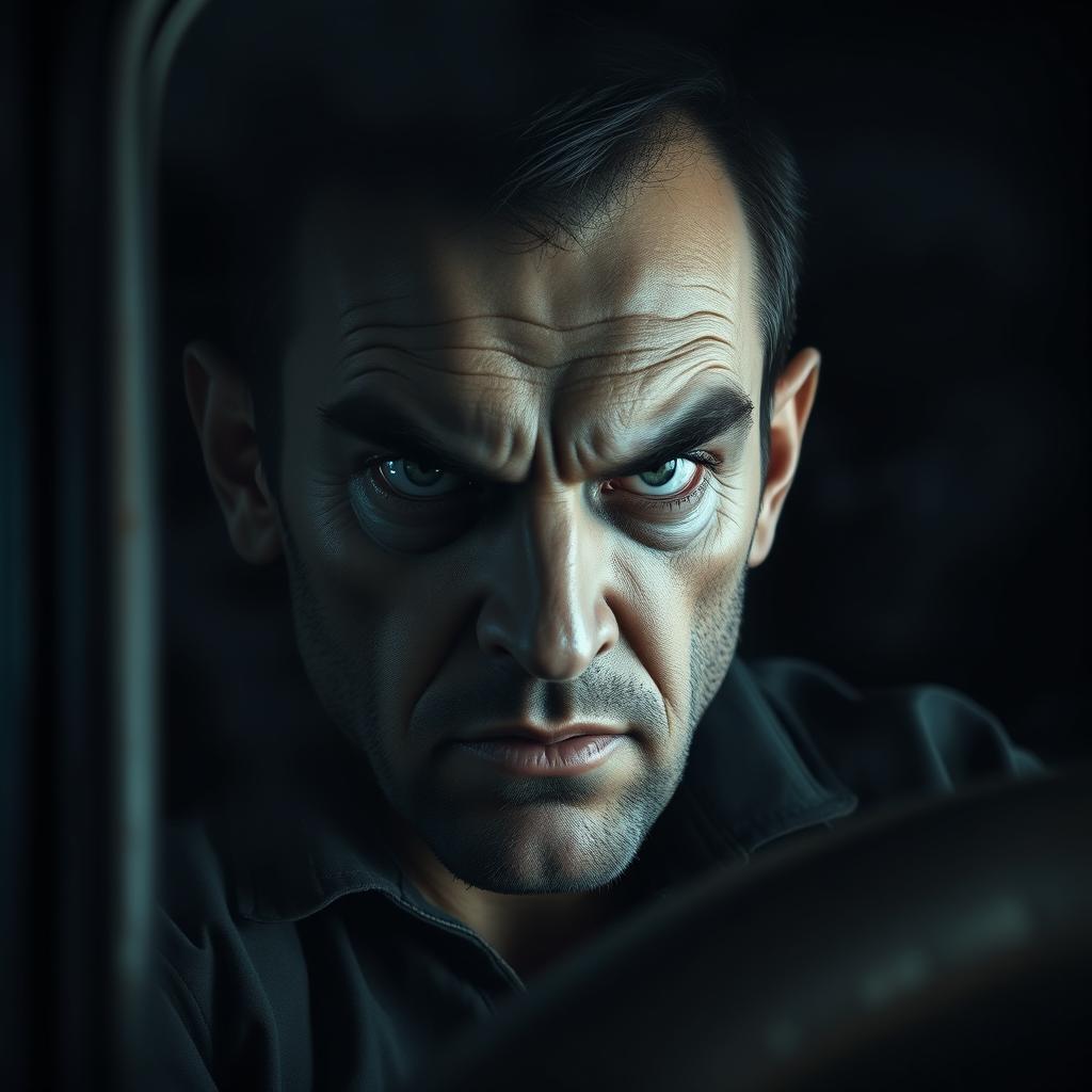 A sinister depiction of a sadistic truck driver in the cab of his truck, with a focus on his piercing, evil eyes that convey malice and cruelty