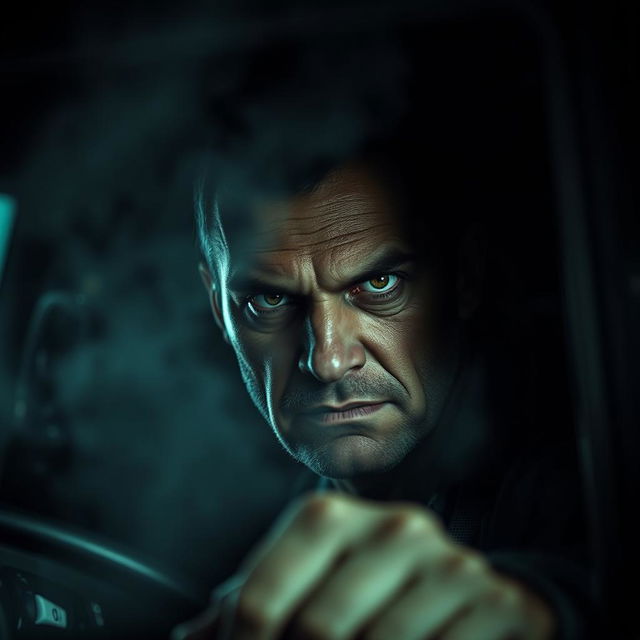 A sinister depiction of a sadistic truck driver in the cab of his truck, with a focus on his piercing, evil eyes that convey malice and cruelty