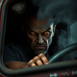 A sinister depiction of a sadistic truck driver in the cab of his truck, with a focus on his piercing, evil eyes that convey malice and cruelty