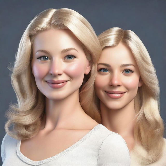 A realistic, high-resolution 3D render featuring two Caucasian women, one with blonde hair and the other with brunette hair