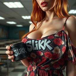 A close-up chest and torso shot of a gorgeous female redhead wearing a floral pattern sundress, accentuating her large chest and subtle cleavage