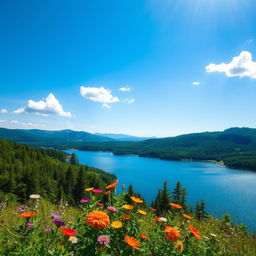 A beautiful natural landscape featuring a serene blue lake surrounded by lush green forests and rolling hills under a clear blue sky