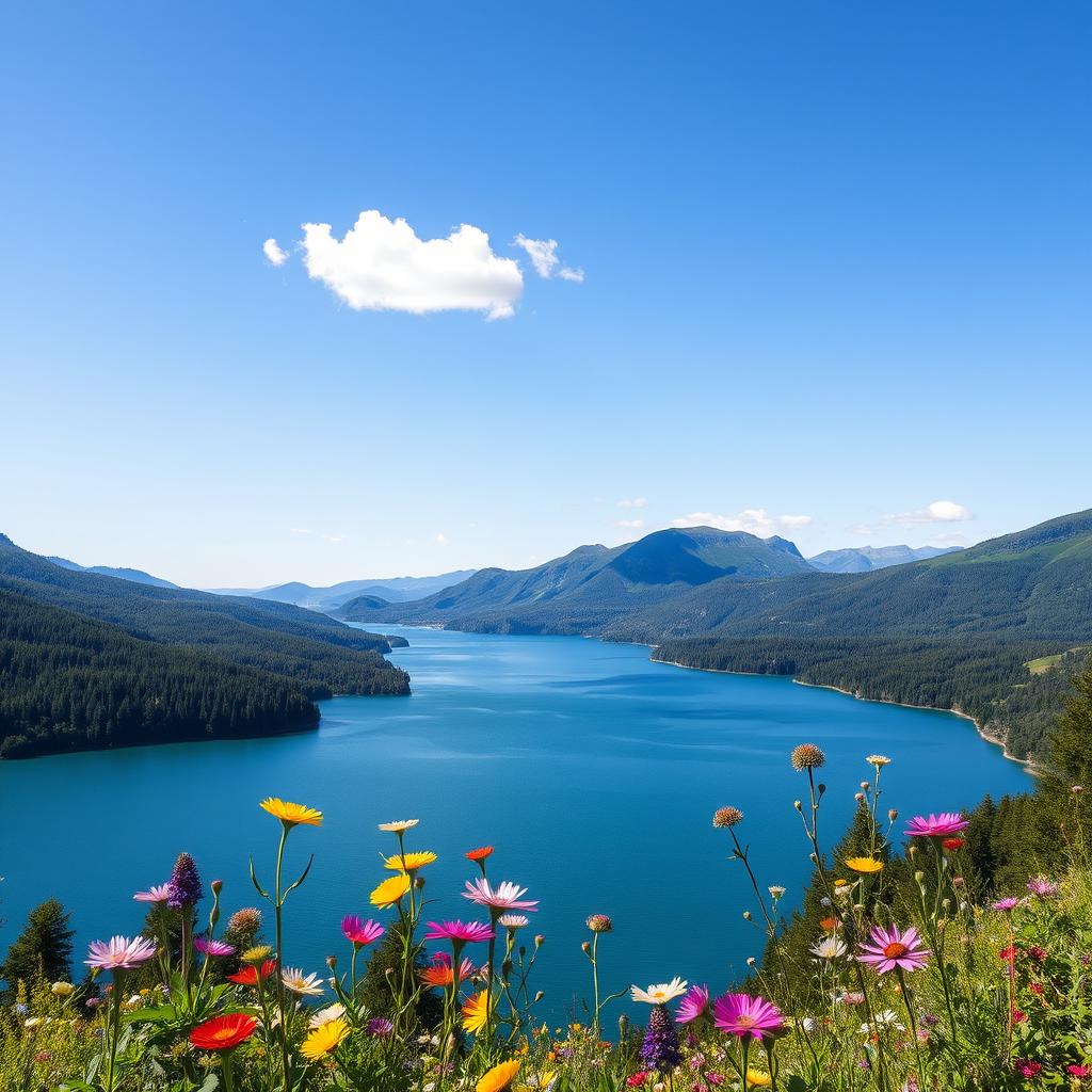 A beautiful natural landscape featuring a serene blue lake surrounded by lush green forests and rolling hills under a clear blue sky