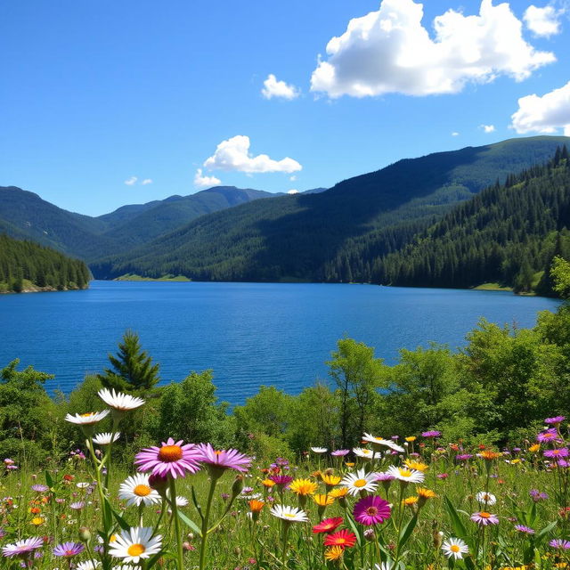 A beautiful natural landscape featuring a serene blue lake surrounded by lush green forests and rolling hills under a clear blue sky