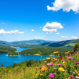 A beautiful natural landscape featuring a serene blue lake surrounded by lush green forests and rolling hills under a clear blue sky