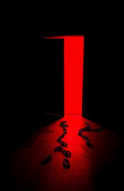 A dark black room with an ominous open door, illuminating a strong red light that spills out into the room
