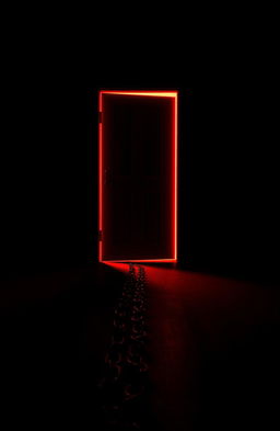 A dark black room with an ominous open door, illuminating a strong red light that spills out into the room