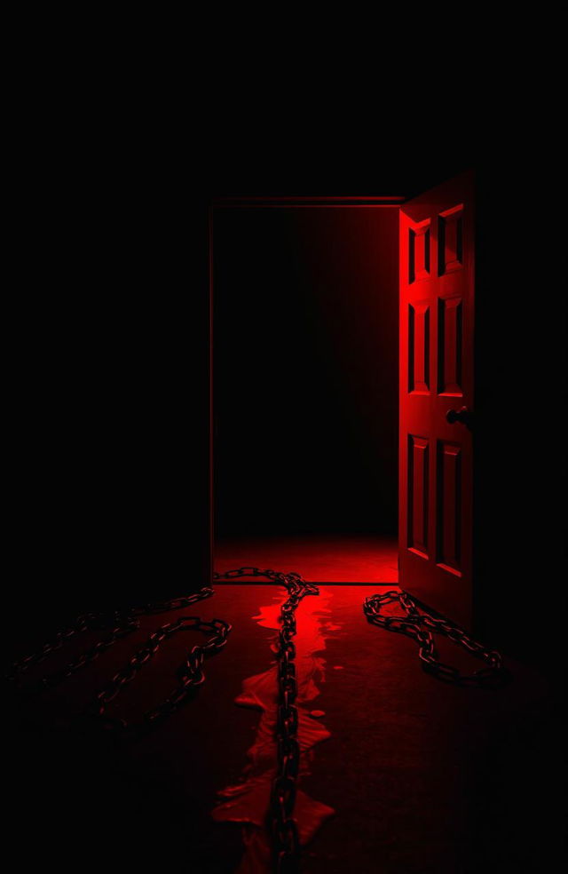 A dark black room with an ominous open door, illuminating a strong red light that spills out into the room