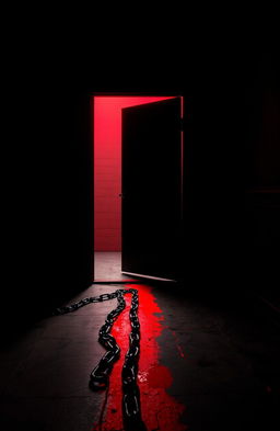 A dark black room with an ominous open door, illuminating a strong red light that spills out into the room
