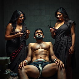 An intense interrogation room scene featuring two incredibly attractive and curvy women clad in seductive sarees, accentuating their ample breasts and curves