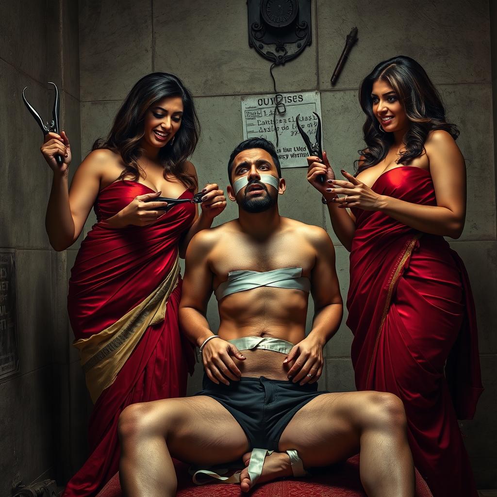 An intense interrogation room scene featuring two incredibly attractive and curvy women clad in seductive sarees, accentuating their ample breasts and curves