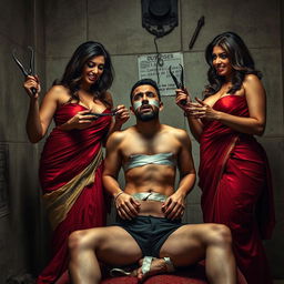 An intense interrogation room scene featuring two incredibly attractive and curvy women clad in seductive sarees, accentuating their ample breasts and curves