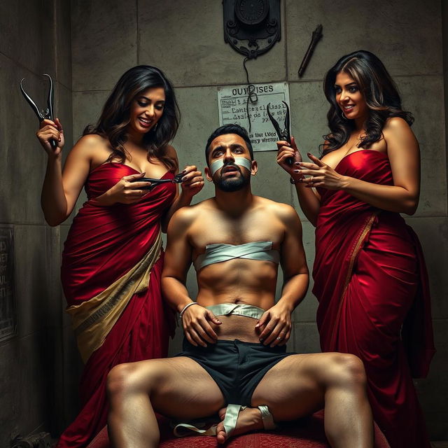 An intense interrogation room scene featuring two incredibly attractive and curvy women clad in seductive sarees, accentuating their ample breasts and curves