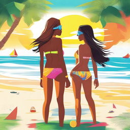 A vibrant digital art image depicting two girls in stylish bikinis