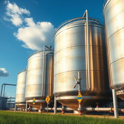 A highly detailed and realistic image of large oil and gas storage tanks in an industrial setting