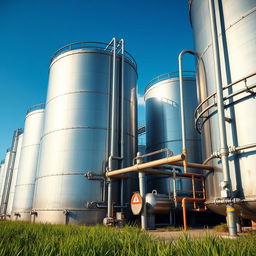 A highly detailed and realistic image of large oil and gas storage tanks in an industrial setting