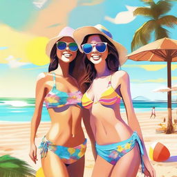 A vibrant digital art image depicting two girls in stylish bikinis