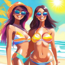 A vibrant digital art image depicting two girls in stylish bikinis