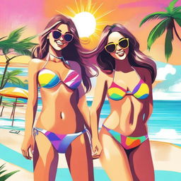 A vibrant digital art image depicting two girls in stylish bikinis