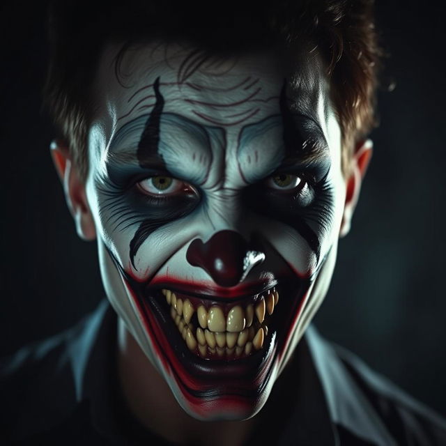 An intense and terrifying depiction of a 'kill face' featuring a person with grotesque grease paint applied to their features, giving them a horrific and lifelike appearance