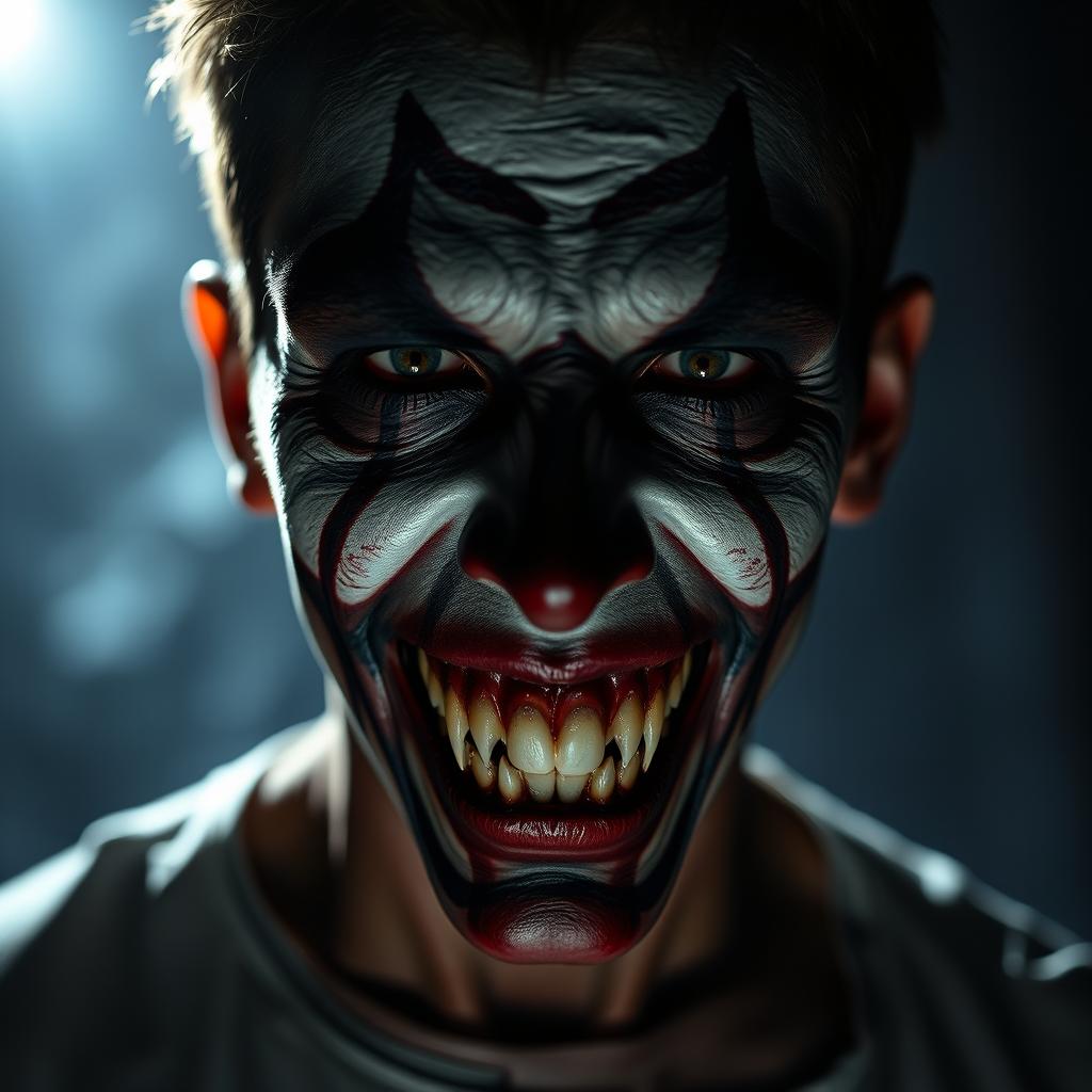 An intense and terrifying depiction of a 'kill face' featuring a person with grotesque grease paint applied to their features, giving them a horrific and lifelike appearance