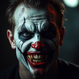 An intense and terrifying depiction of a 'kill face' featuring a person with grotesque grease paint applied to their features, giving them a horrific and lifelike appearance