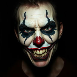 An intense and terrifying depiction of a 'kill face' featuring a person with grotesque grease paint applied to their features, giving them a horrific and lifelike appearance