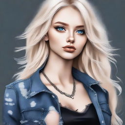 A high-quality digital art portrays a blonde Instagram model with captivating blue eyes