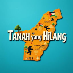 An artistic representation of the title 'Tanah yang Hilang' with a map of Palestine that highlights the areas currently occupied by Israel
