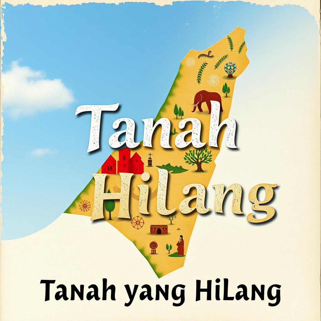 An artistic representation of the title 'Tanah yang Hilang' with a map of Palestine that highlights the areas currently occupied by Israel