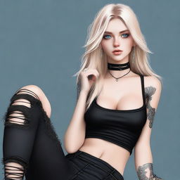 A high-quality digital art portrays a blonde Instagram model with captivating blue eyes