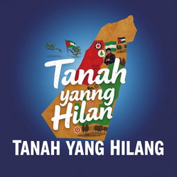 An artistic representation of the title 'Tanah yang Hilang' with a map of Palestine that highlights the areas currently occupied by Israel