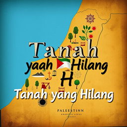 An artistic representation of the title 'Tanah yang Hilang' with a map of Palestine that highlights the areas currently occupied by Israel