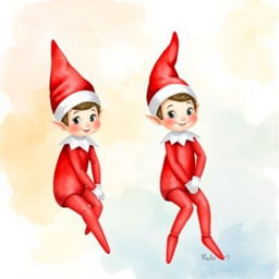 A contemporary watercolor painting featuring two adorable 'Elf on the Shelf' figures, both with whimsical and playful expressions