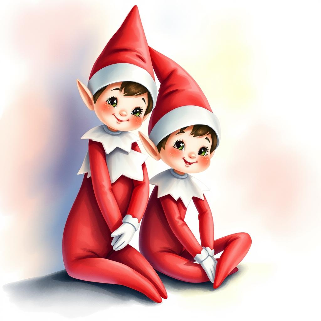 A contemporary watercolor painting featuring two adorable 'Elf on the Shelf' figures, both with whimsical and playful expressions