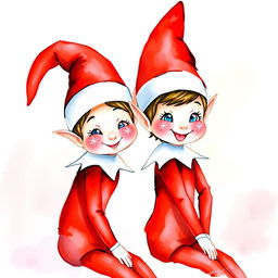 A contemporary watercolor painting featuring two adorable 'Elf on the Shelf' figures, both with whimsical and playful expressions