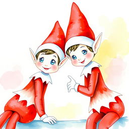 A contemporary watercolor painting featuring two adorable 'Elf on the Shelf' figures, both with whimsical and playful expressions