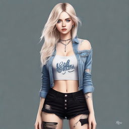 A high-quality digital art portrays a blonde Instagram model with captivating blue eyes