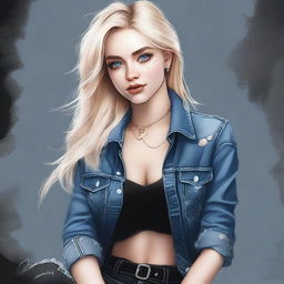 A high-quality digital art portrays a blonde Instagram model with captivating blue eyes