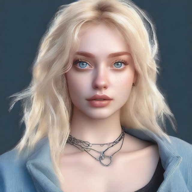 A high-quality, realistic digital art image showcasing a blonde Instagram model with enchanting blue eyes