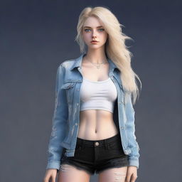 A high-quality, realistic digital art image showcasing a blonde Instagram model with enchanting blue eyes