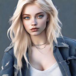 A high-quality, realistic digital art image showcasing a blonde Instagram model with enchanting blue eyes