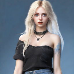 A high-quality, realistic digital art image showcasing a blonde Instagram model with enchanting blue eyes