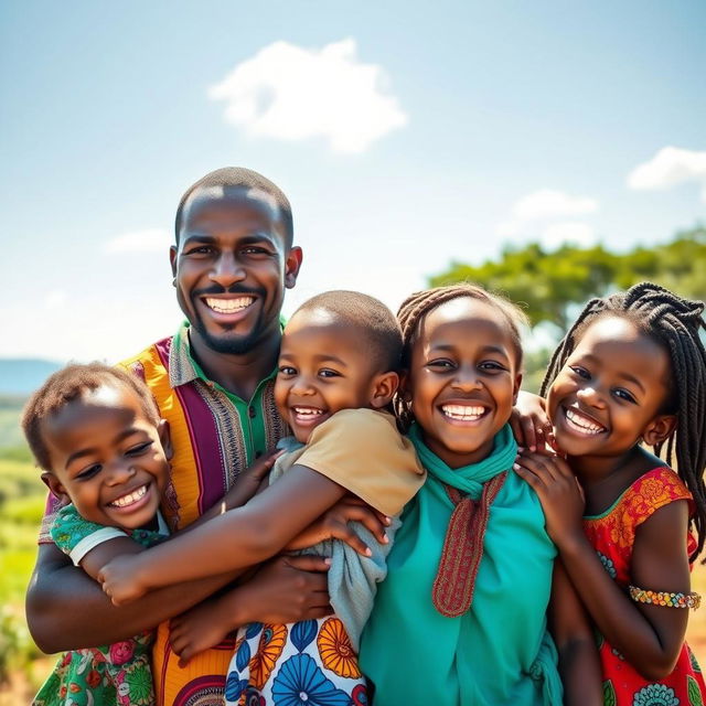 A joyful African family portrait featuring young members, capturing the essence of family bonds and happiness